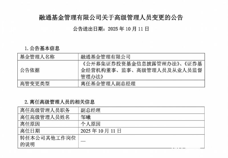 融通基金副总经理邹曦因个人原因离任，24年公募生涯谢幕